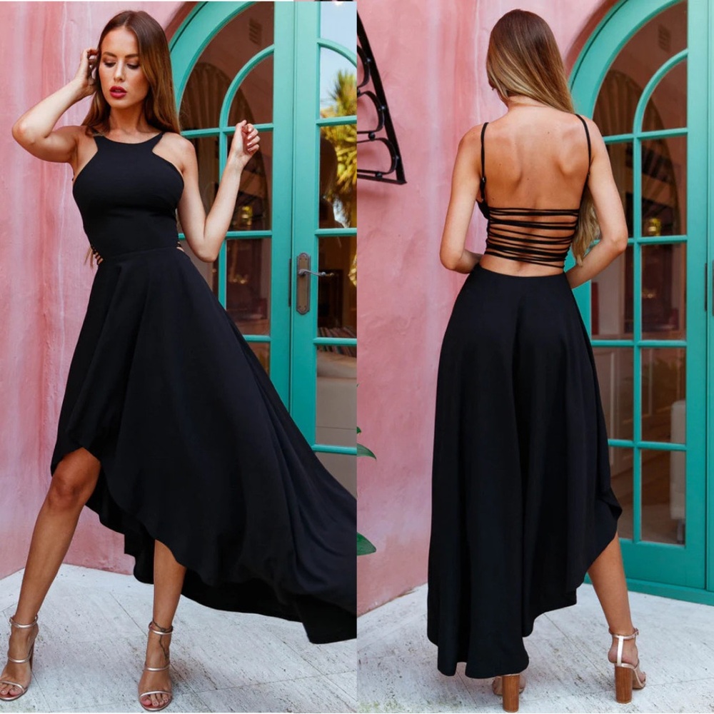 Selfie Leslie Black Open Back Strappy Asymmetrical High Low Halter Dress